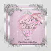 プリンセスベビーシャワーガールピンクシルバーバラ 招待状 (正面/裏面)