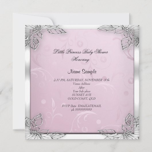 プリンセスベビーシャワーガールピンクシルバーバラ 招待状 (裏面)