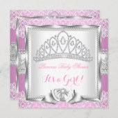 プリンセスベビーシャワーガールピンクシルバーレース2 招待状 (正面/裏面)