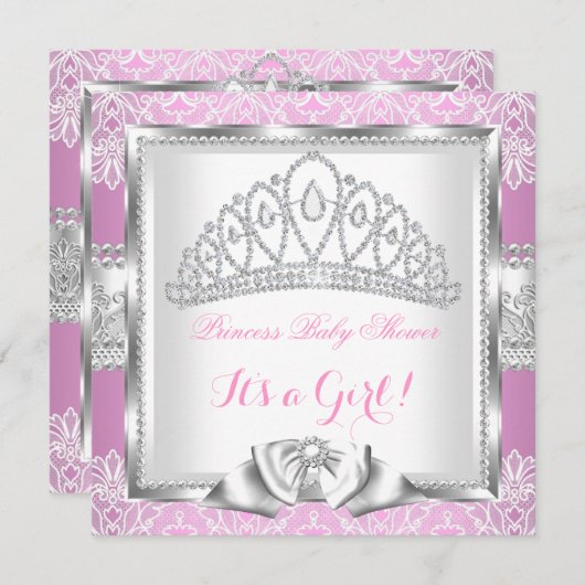プリンセスベビーシャワーガールピンクシルバーレース2 招待状 (正面/裏面)