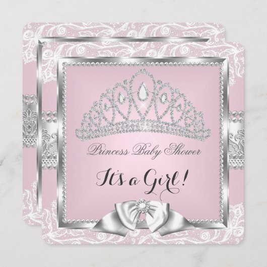 プリンセスベビーシャワーガールピンクシルバーレース4 招待状 (正面/裏面)