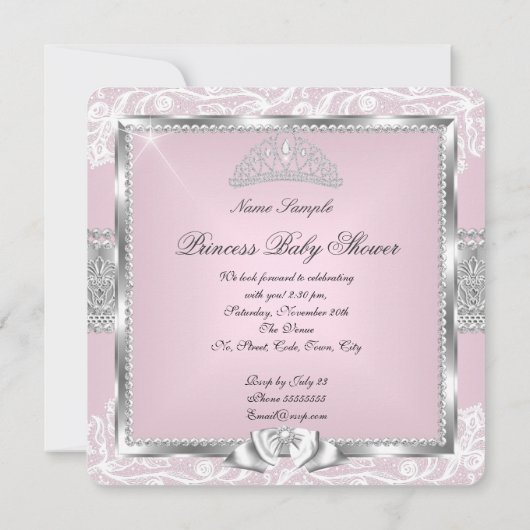 プリンセスベビーシャワーガールピンクシルバーレース4 招待状 (裏面)