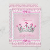 プリンセスベビーシャワーガールピンクジェムシルバーティアラ 招待状 (正面/裏面)