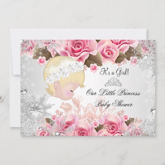プリンセスベビーシャワーガールピンクスノーフレークバラ2 招待状 (正面)