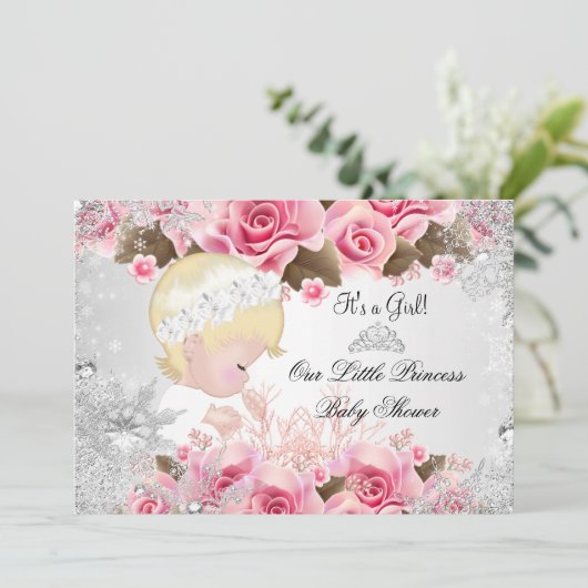 プリンセスベビーシャワーガールピンクスノーフレークバラ2 招待状 (スタンド正面)