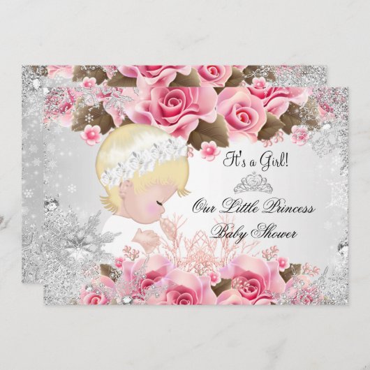 プリンセスベビーシャワーガールピンクスノーフレークバラ2 招待状 (正面/裏面)