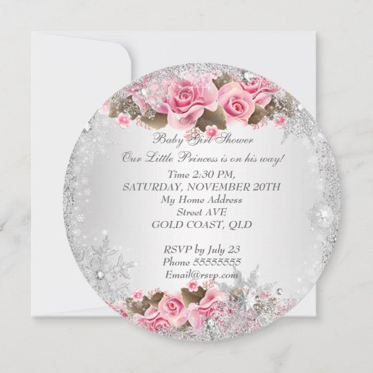 プリンセスベビーシャワーガールピンクスノーフレークバラR 招待状 (裏面)
