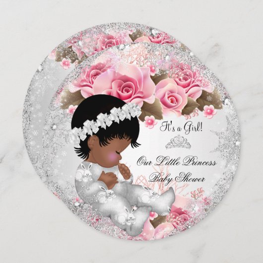 プリンセスベビーシャワーガールピンクスノーフレークバラR 招待状 (正面/裏面)