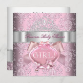 プリンセスベビーシャワーガールピンクダマスティアラ2 招待状 (正面/裏面)