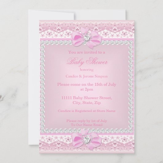 プリンセスベビーシャワーガールピンクティアラハートブロンド 招待状 (裏面)