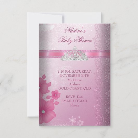 プリンセスベビーシャワーガールピンクティアラプリンセス 招待状 (裏面)