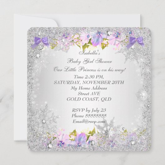 プリンセスベビーシャワーガールピンクパープルスノーフレーク 招待状 (裏面)