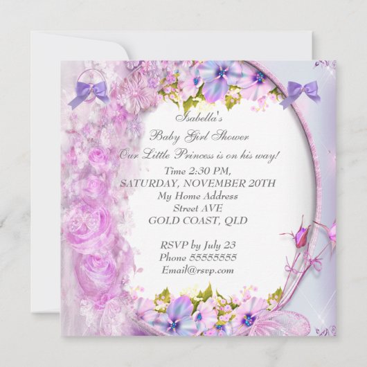 プリンセスベビーシャワーガールピンクパープルフローラ3 招待状 (裏面)