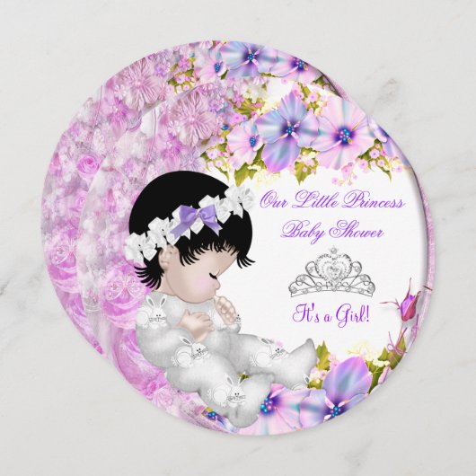 プリンセスベビーシャワーガールピンクパープルフローラ3a 招待状 (正面/裏面)