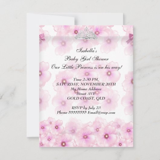 プリンセスベビーシャワーガールピンクフローラティアラ2 招待状 (裏面)