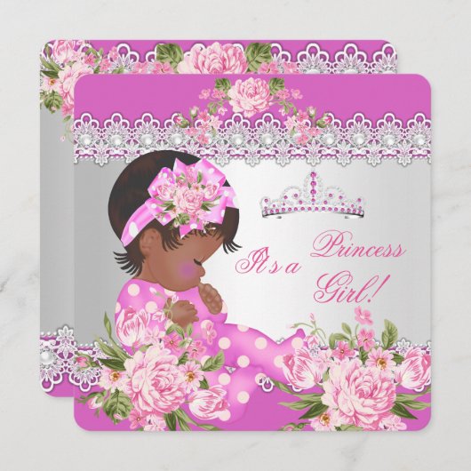 プリンセスベビーシャワーガールピンクローズパールエスニック 招待状 (正面/裏面)