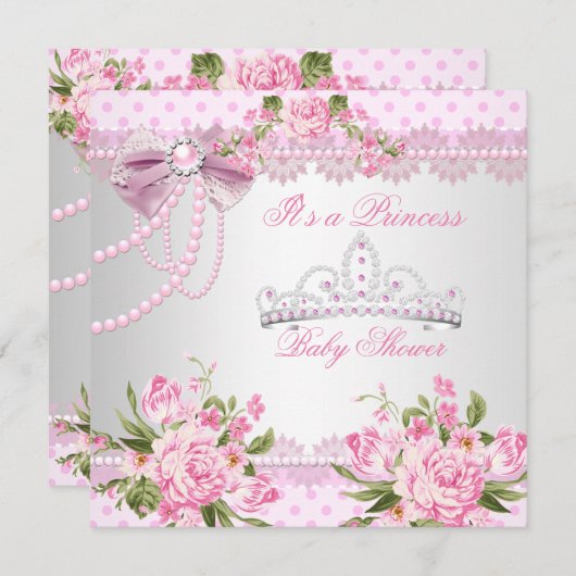 プリンセスベビーシャワーガールピンクローズパールレース 招待状 (正面/裏面)
