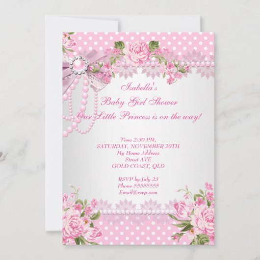 プリンセスベビーシャワーガールピンクローズ水玉模様 招待状 (裏面)