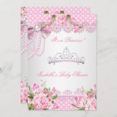 プリンセスベビーシャワーガールピンクローズ水玉模様 招待状 (正面/裏面)