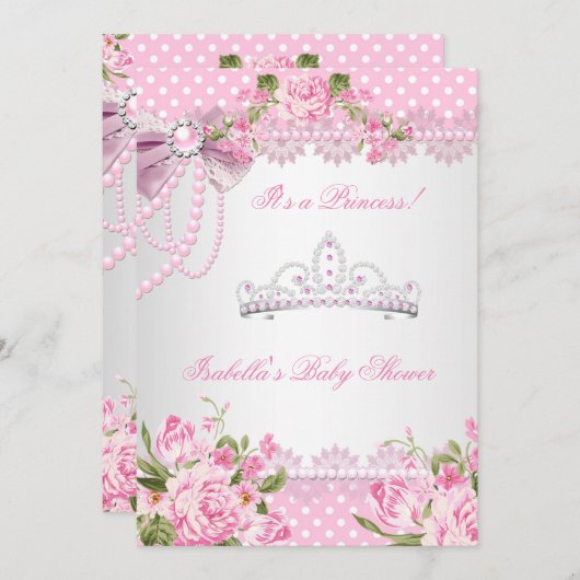 プリンセスベビーシャワーガールピンクローズ水玉模様 招待状 (正面/裏面)
