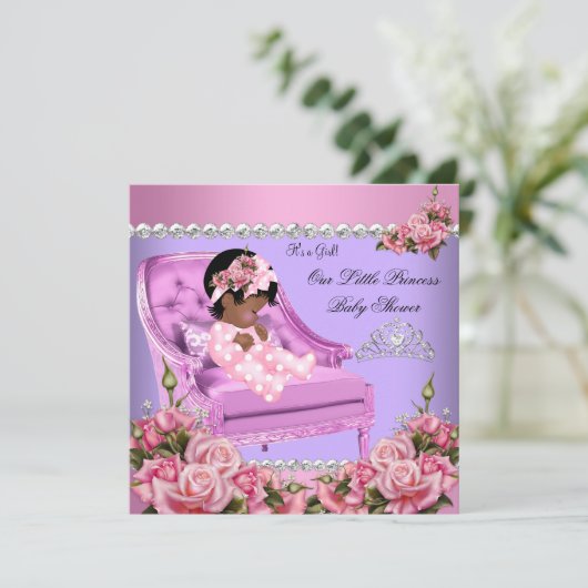 プリンセスベビーシャワーガールピンクローゼチェアパープル 招待状 (スタンド正面)