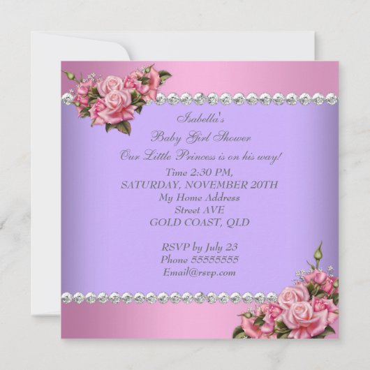 プリンセスベビーシャワーガールピンクローゼチェアパープル 招待状 (裏面)