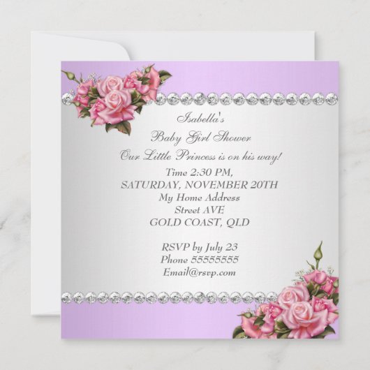 プリンセスベビーシャワーガールピンクローゼラベンダー2 招待状 (裏面)