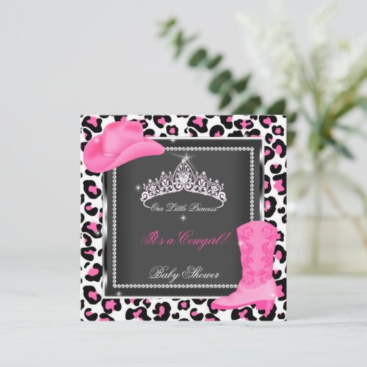 プリンセスベビーシャワーガールピンク女性のカーボーイティアラカウズ 招待状 (スタンド正面)