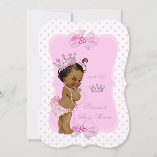 プリンセスベビーシャワーガールピンク水玉模様エスニック 招待状 (正面)