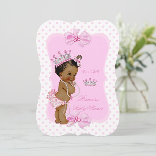 プリンセスベビーシャワーガールピンク水玉模様エスニック 招待状 (スタンド正面)