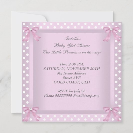 プリンセスベビーシャワーガールピンク水玉模様ボウ 招待状 (裏面)
