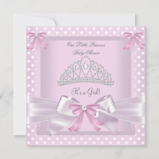 プリンセスベビーシャワーガールピンク水玉模様ボウ 招待状 (正面)