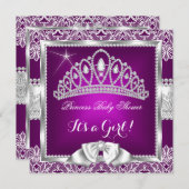 プリンセスベビーシャワーガールプラムピンクシルバーレース5 招待状 (正面/裏面)