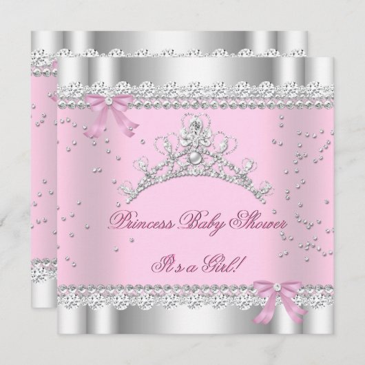 プリンセスベビーシャワーガールホワイトピンクティアラジェム 招待状 (正面/裏面)