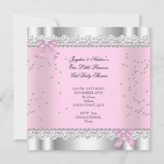 プリンセスベビーシャワーガールホワイトピンクティアラジェム 招待状 (裏面)