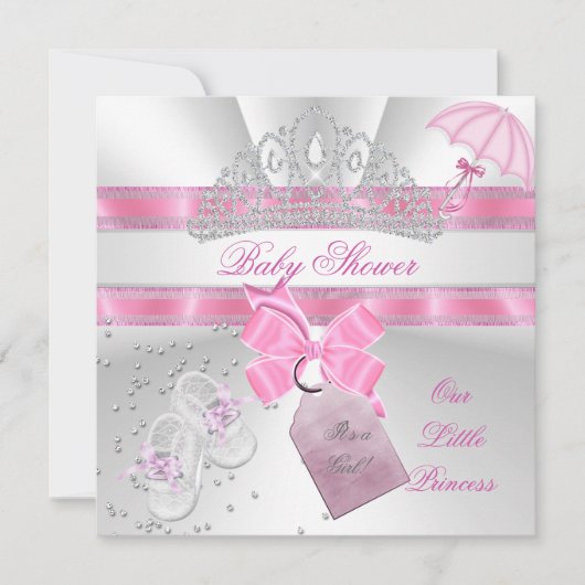 プリンセスベビーシャワーガールホワイトピンクティアラマジカル 招待状 (正面)