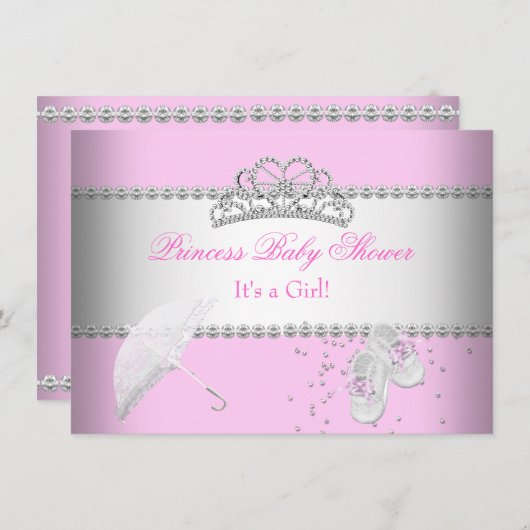 プリンセスベビーシャワーガールホワイトピンクティアラ2 招待状 (正面/裏面)