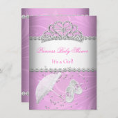 プリンセスベビーシャワーガールホワイトピンクティアラ 招待状 (正面/裏面)