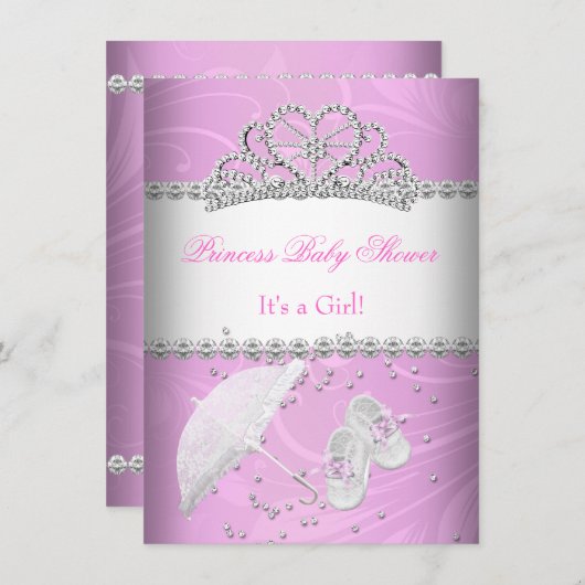 プリンセスベビーシャワーガールホワイトピンクティアラ 招待状 (正面/裏面)