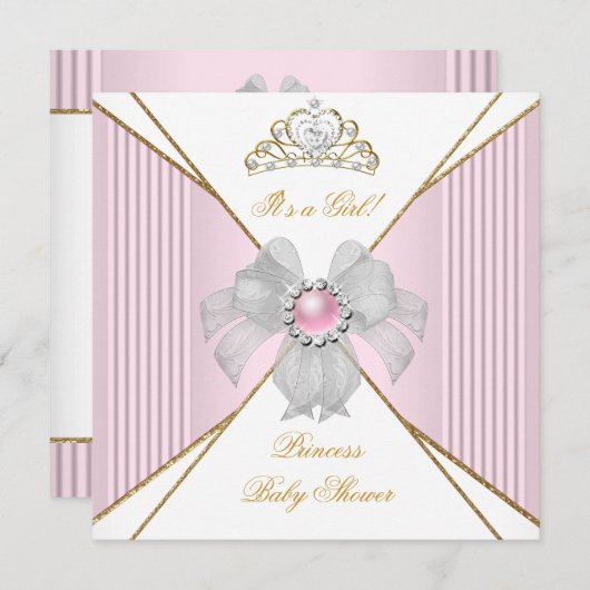 プリンセスベビーシャワーガールホワイトピンクパール金ゴールド 招待状 (正面/裏面)