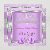 プリンセスベビーシャワーガールラベンダーシルバーレース 招待状 (正面/裏面)