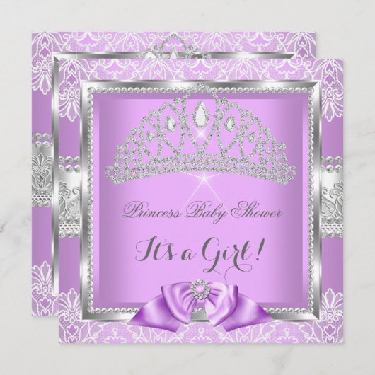 プリンセスベビーシャワーガールラベンダーシルバーレース 招待状 (正面/裏面)