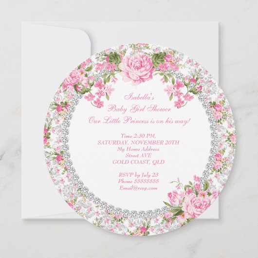 プリンセスベビーシャワーガールヴィンテージバラフローラ 招待状 (裏面)