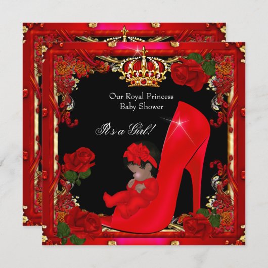 プリンセスベビーシャワーガール金ゴールドレッドローズシューズ2a 招待状 (正面/裏面)