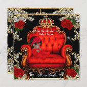 プリンセスベビーシャワーガール金ゴールドレッドローズチェア3 招待状 (正面/裏面)