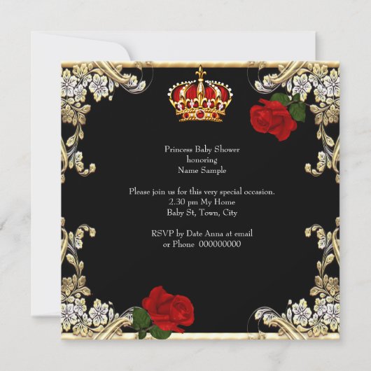 プリンセスベビーシャワーガール金ゴールドレッドローズチェア3 招待状 (裏面)