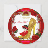 プリンセスベビーシャワーガール金ゴールドレッドローズハイヒールR3 招待状 (正面)