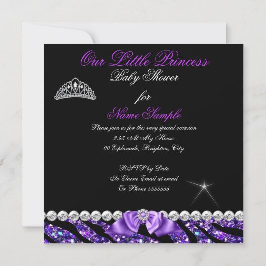 プリンセスベビーシャワーグリッターパープルゼブラボウ 招待状 (裏面)