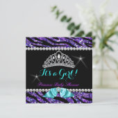 プリンセスベビーシャワーグリッターパープルティール(緑がかった色)ゼブラ 招待状 (スタンド正面)