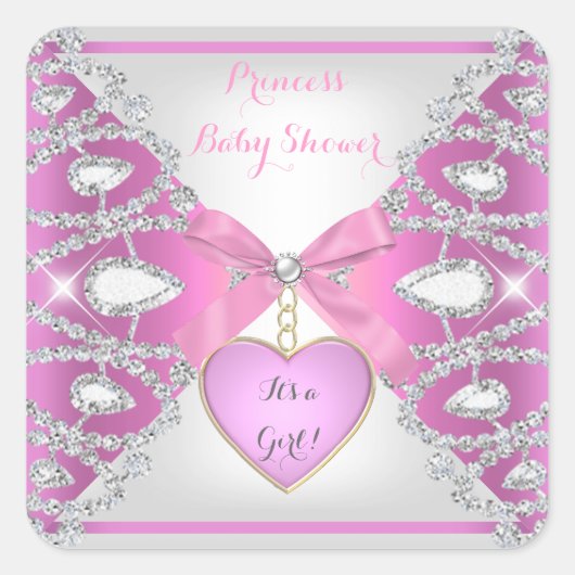 プリンセスベビーシャワーダイヤモンドベビーガールピンク スクエアシール (正面)